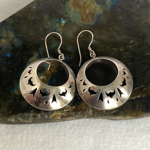 Sterling Silver 925 Chunky Round Cut Out Pierced Dangle Crescent Hoop Earrings - Picture 2 of 16